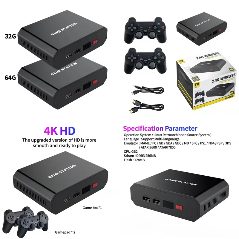 Gaming Console Controller - M8plus HDビデオゲームコンソールボックス 2.4GデュアルワイヤレスコントローラーゲームパッドTV 32G/64G 10000シミュレーターゲームプレーヤーセットアクセサリー